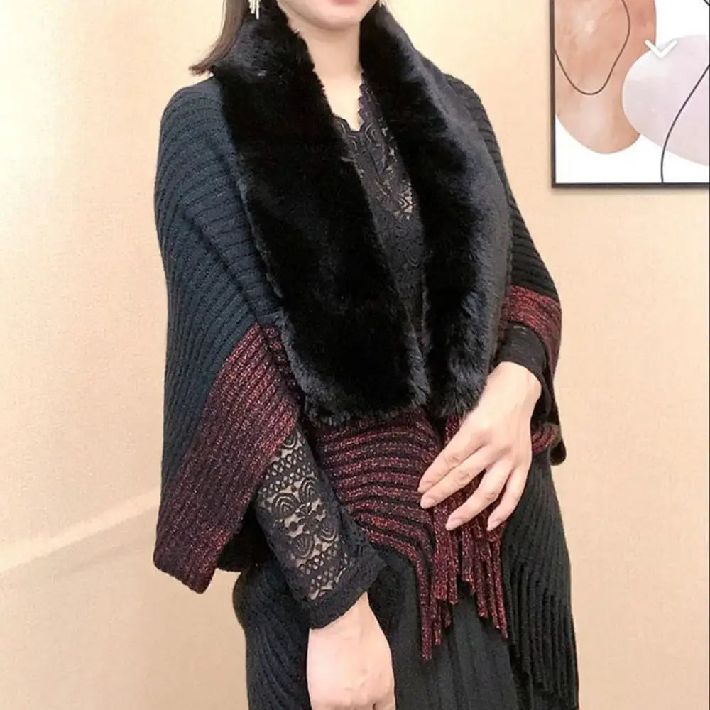 Winter Cape Cardigan 🧣 Faux Fur Collar Warm Knit Shawl Wrap for Women