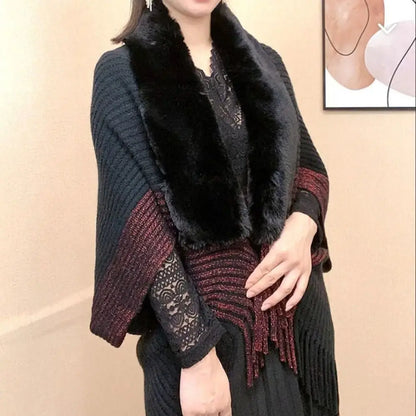 Winter Cape Cardigan 🧣 Faux Fur Collar Warm Knit Shawl Wrap for Women