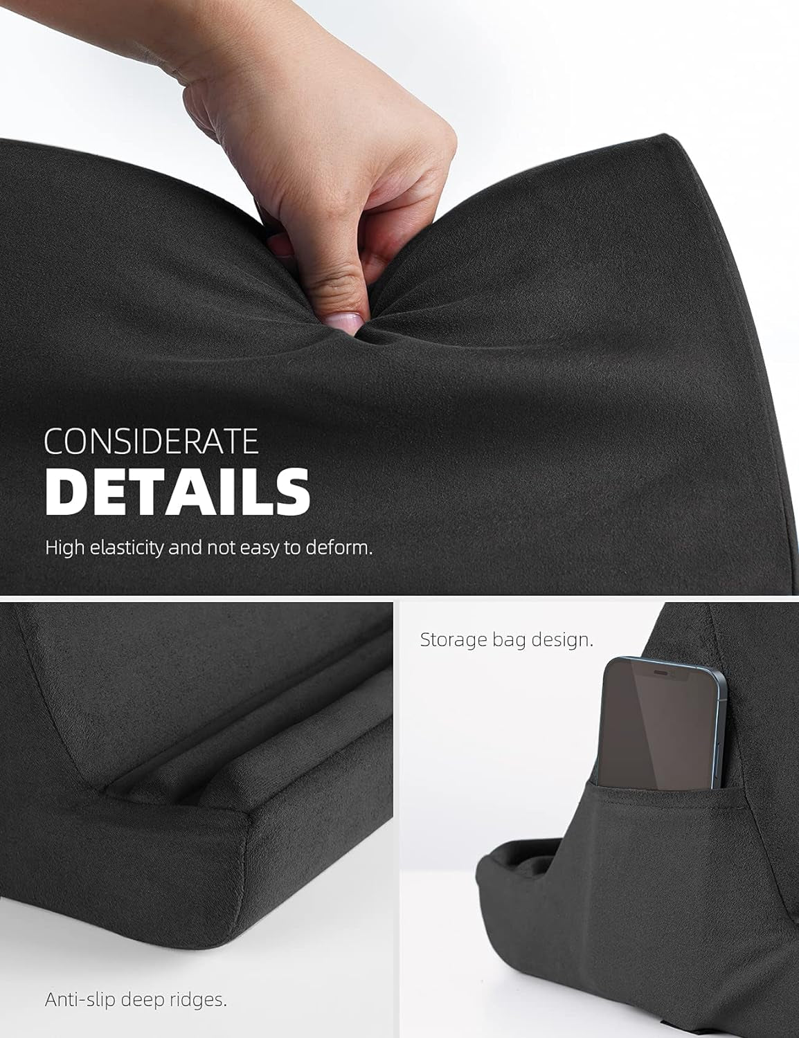 Tablet Pillow Stand with Pockets – Soft Lap Pad Dock for iPad, Kindle & Phones (4–13”), 4 Viewing Angles, Bed & Desk Use
