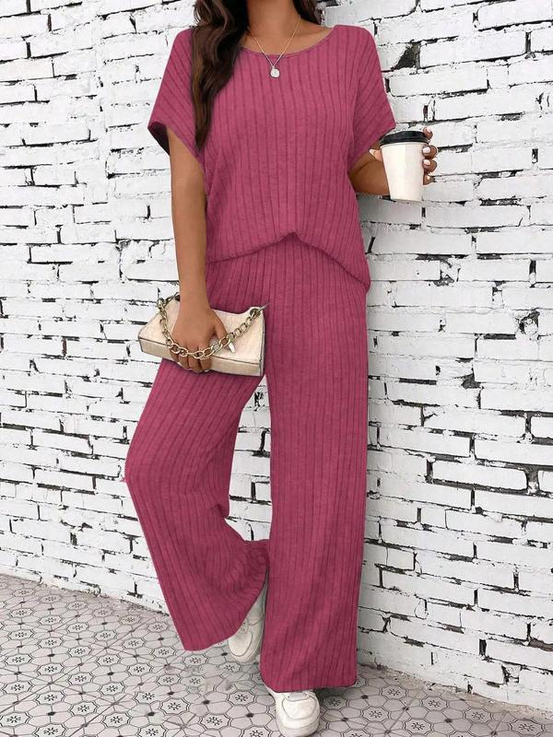 Women’s Casual Knit Lounge Set – Loose-Fit Long Pants & Top, All-Season Comfort Outfit for Everyday Wear