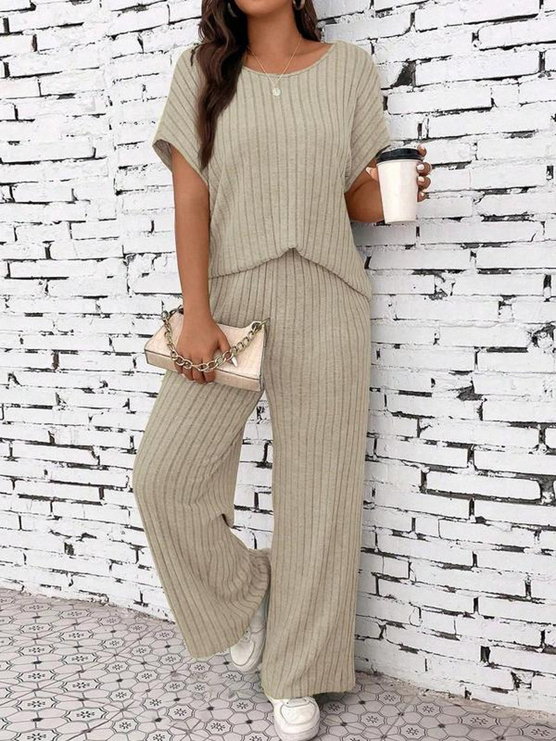 Women’s Casual Knit Lounge Set – Loose-Fit Long Pants & Top, All-Season Comfort Outfit for Everyday Wear