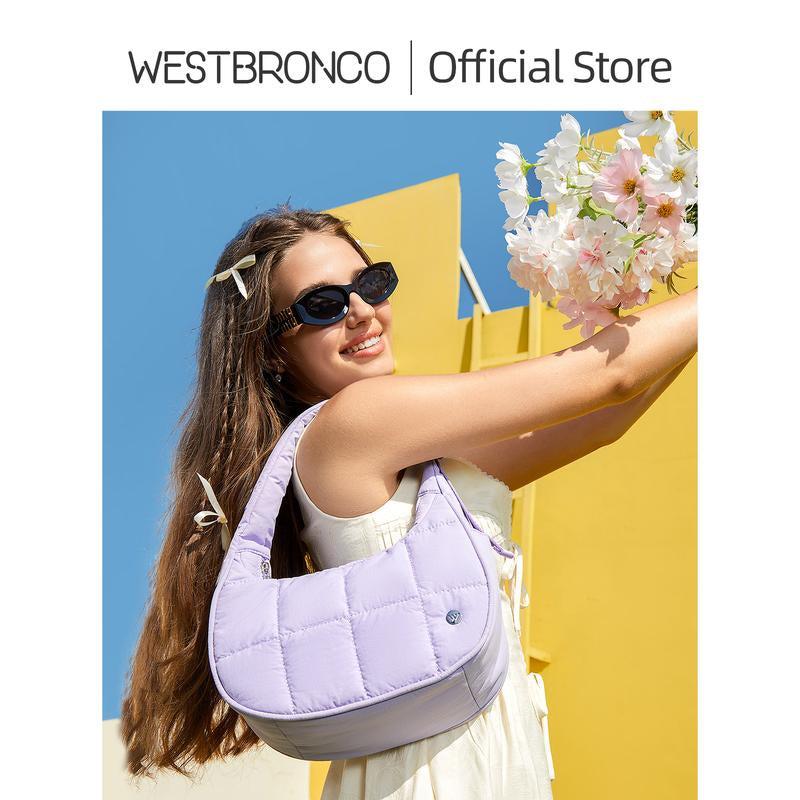 WESTBRONCO Fallfreshness Small Puffer Crescent Shoulder Bag for Women Quilted Nylon Waterproof with Side Pocket for Cans Lightweight Travel Gym Purse for FALL
