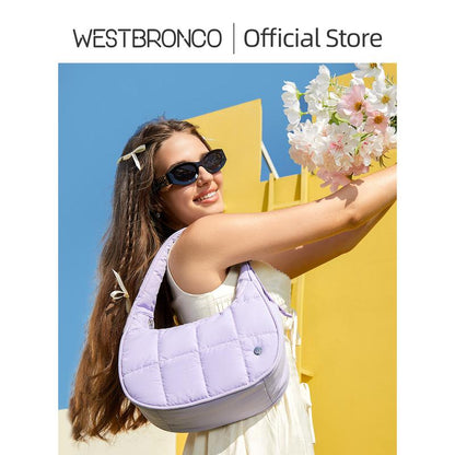WESTBRONCO Fallfreshness Small Puffer Crescent Shoulder Bag for Women Quilted Nylon Waterproof with Side Pocket for Cans Lightweight Travel Gym Purse for FALL