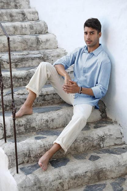 Men’s Linen Cotton Button-Down Shirt – Casual Long Sleeve, Lightweight Beach Top with Spread Collar