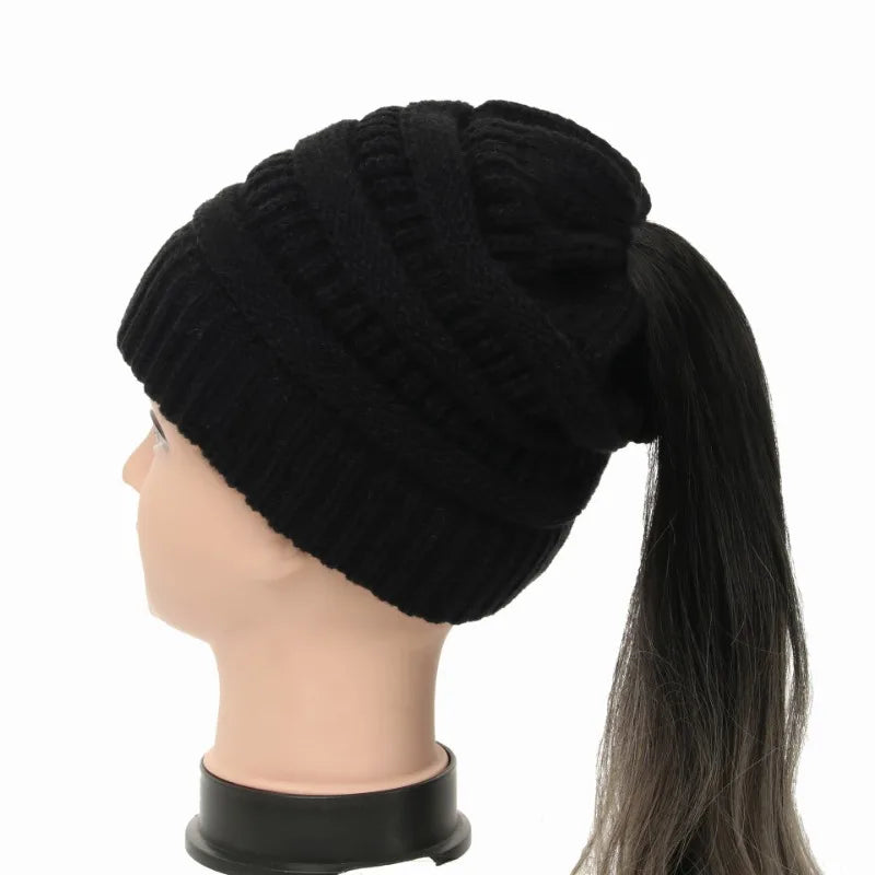 New Women Autumn Winter Ponytail Beanie Hat Solid Color Lady Stretch Knitted Crochet Beanies Hat Cap for Women