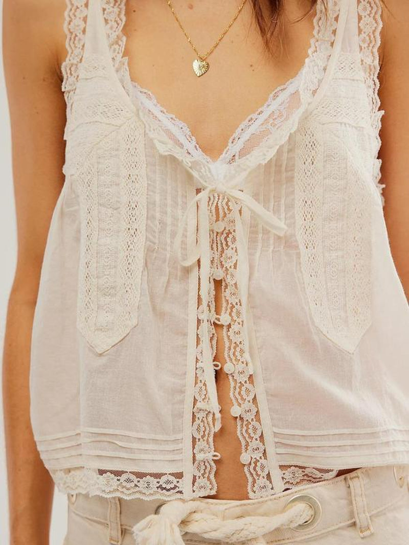 Women’s Lace Trim Tie-Front V-Neck Tank Top – Chic Casual Sleeveless for All Seasons