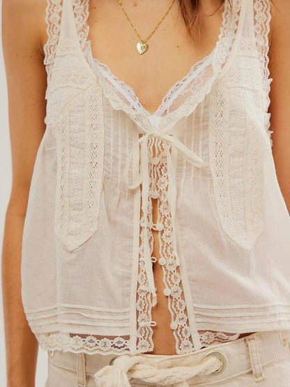 Women’s Lace Trim Tie-Front V-Neck Tank Top – Chic Casual Sleeveless for All Seasons