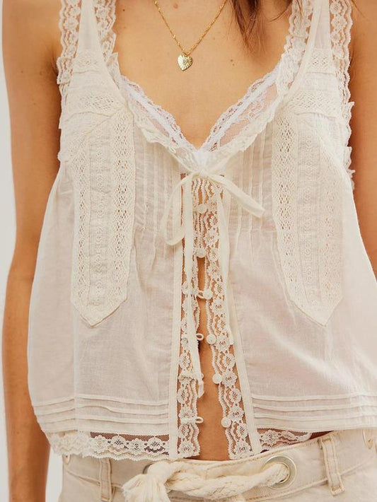 Women’s Lace Trim Tie-Front V-Neck Tank Top – Chic Casual Sleeveless for All Seasons