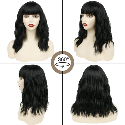 Short Bob Wig with Bangs – 12'' Water Wave Synthetic Black Wig for Women