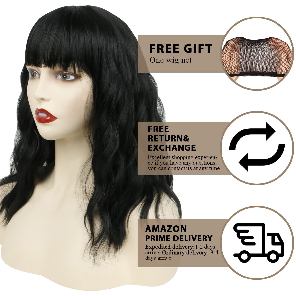Short Bob Wig with Bangs – 12'' Water Wave Synthetic Black Wig for Women