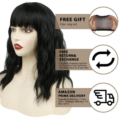 Short Bob Wig with Bangs – 12'' Water Wave Synthetic Black Wig for Women