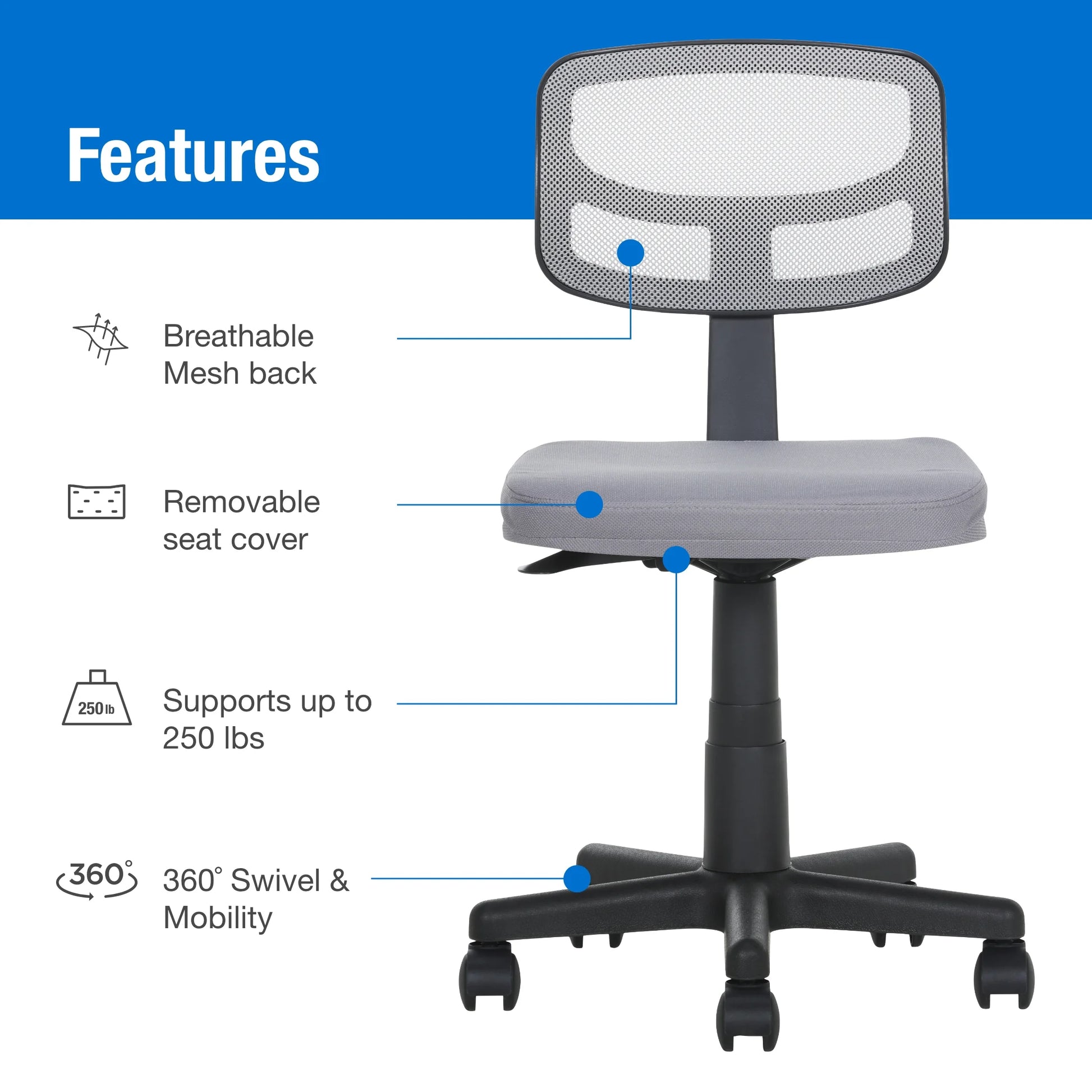Mesh Task Chair with Padded Seat, Teens and Adult, Gray/Gray