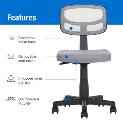 Mesh Task Chair with Padded Seat, Teens and Adult, Gray/Gray