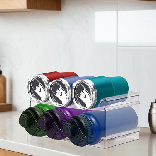 "Stackable Water Bottle Organizer Rack – 2 Pack Clear Plastic Storage for Kitchen, Pantry, or Fridge – Fits Sports Bottles, Tumblers & Wine"