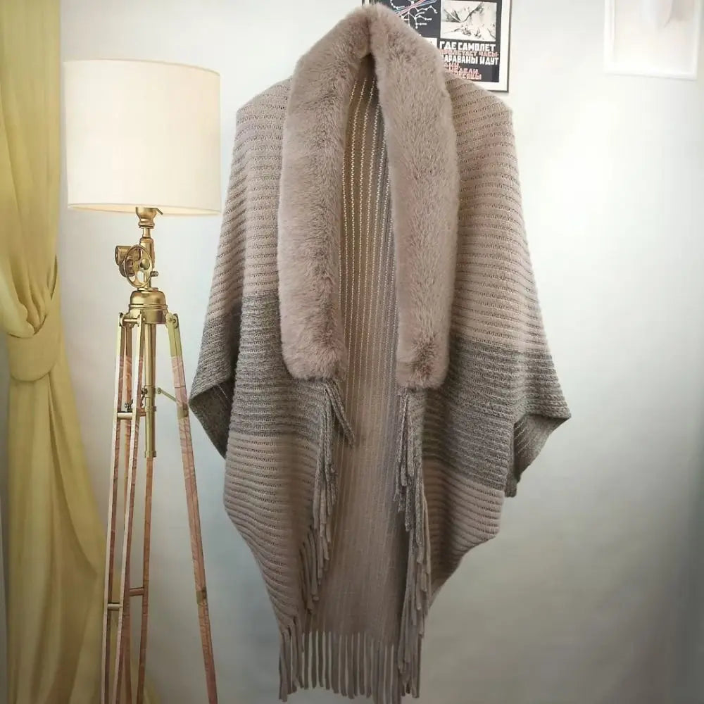 Winter Cape Cardigan 🧣 Faux Fur Collar Warm Knit Shawl Wrap for Women