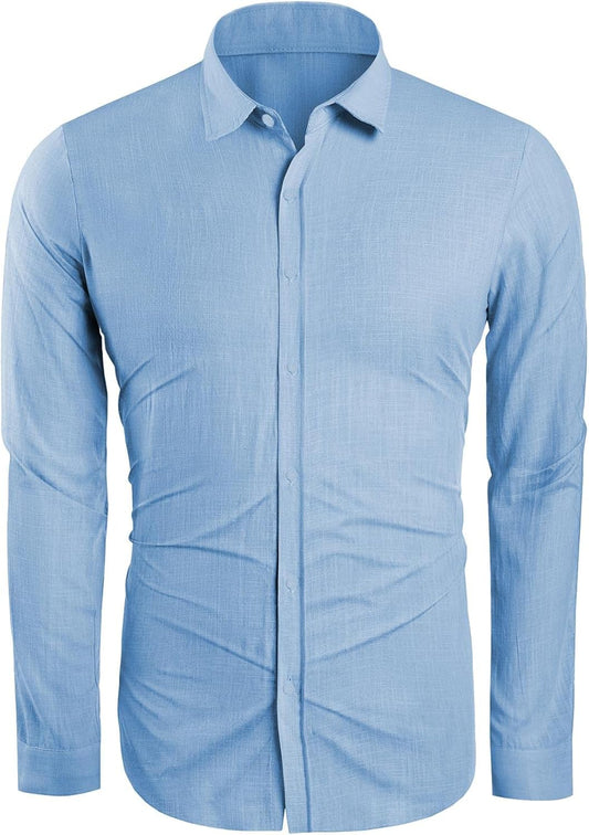 Men’s Linen Cotton Button-Down Shirt – Casual Long Sleeve, Lightweight Beach Top with Spread Collar
