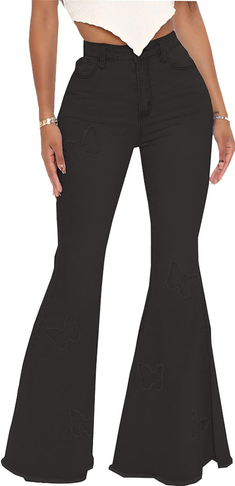 Women’s High-Waisted Bell Bottom Jeans – Flare Leg Ripped Classic Denim Pants
