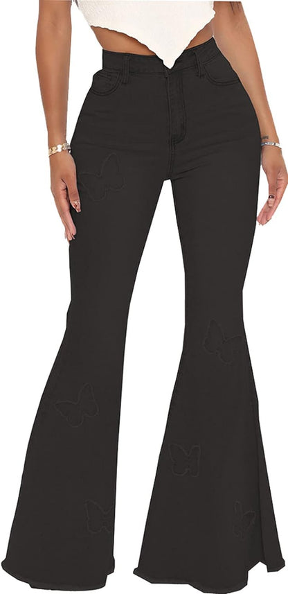 Women’s High-Waisted Bell Bottom Jeans – Flare Leg Ripped Classic Denim Pants