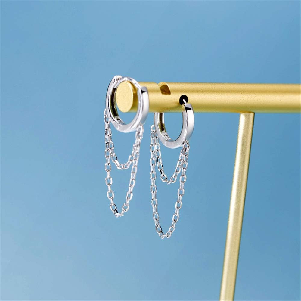 Sterling Silver Tassel Hoop Earrings – Drop Dangle Huggie Cuffs for Women & Girls (925 Minimalist Punk Jewelry)