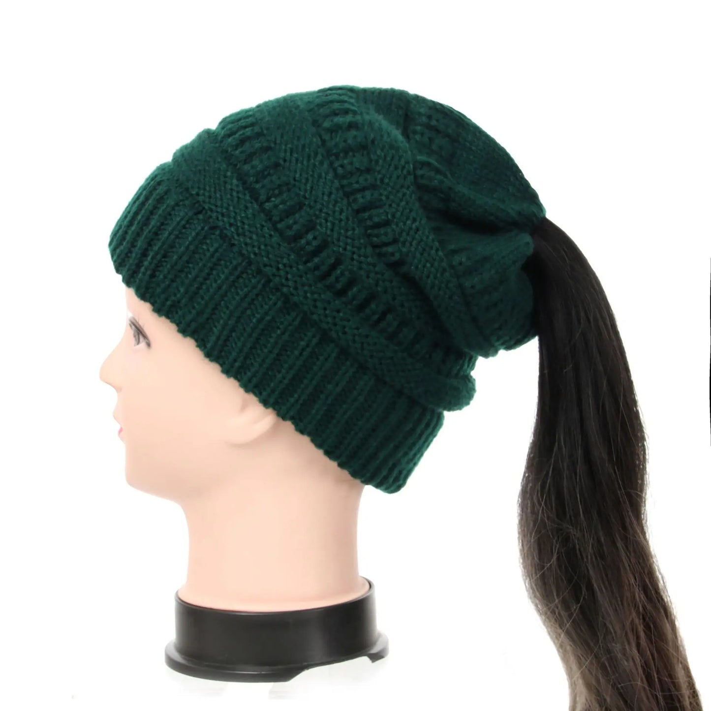 New Women Autumn Winter Ponytail Beanie Hat Solid Color Lady Stretch Knitted Crochet Beanies Hat Cap for Women