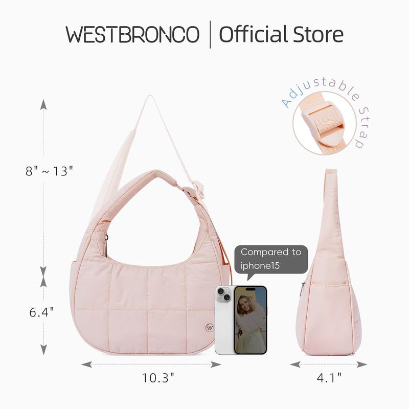 WESTBRONCO Fallfreshness Small Puffer Crescent Shoulder Bag for Women Quilted Nylon Waterproof with Side Pocket for Cans Lightweight Travel Gym Purse for FALL
