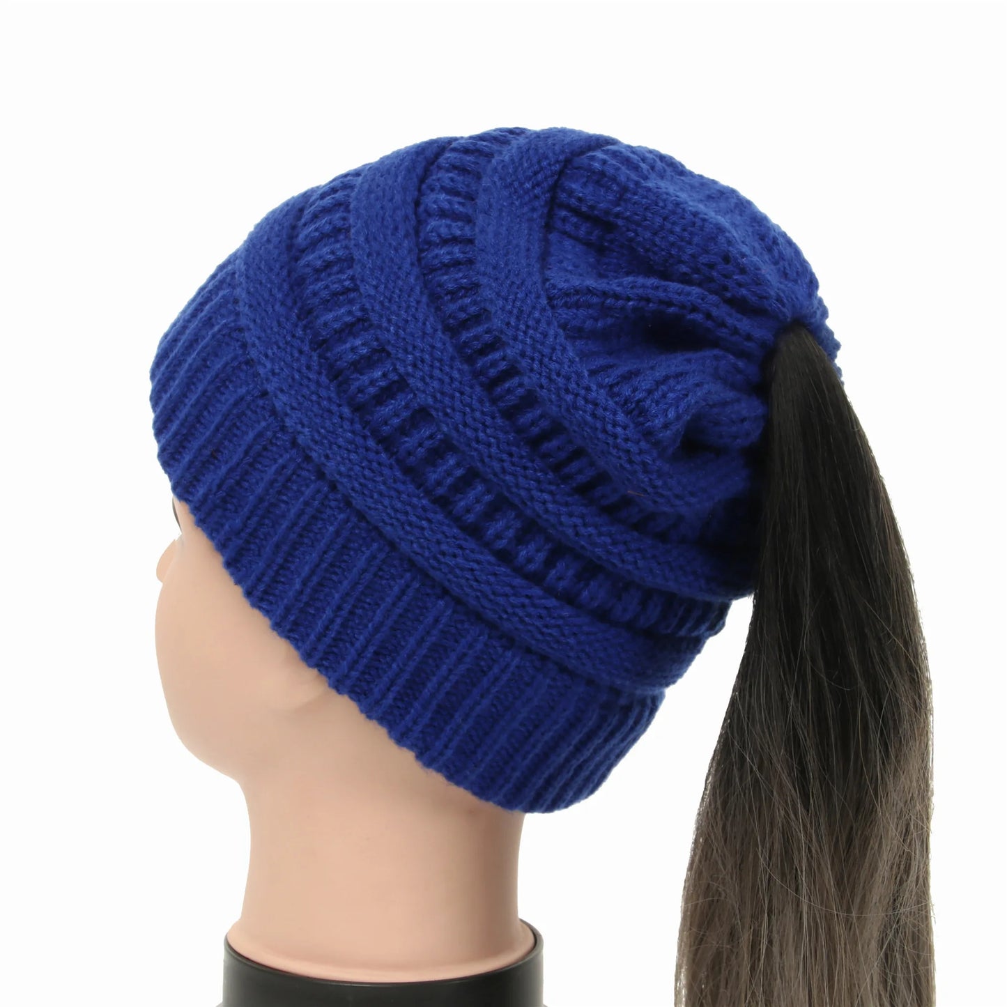 New Women Autumn Winter Ponytail Beanie Hat Solid Color Lady Stretch Knitted Crochet Beanies Hat Cap for Women
