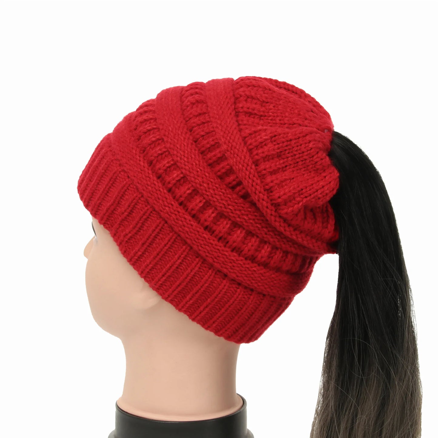 New Women Autumn Winter Ponytail Beanie Hat Solid Color Lady Stretch Knitted Crochet Beanies Hat Cap for Women