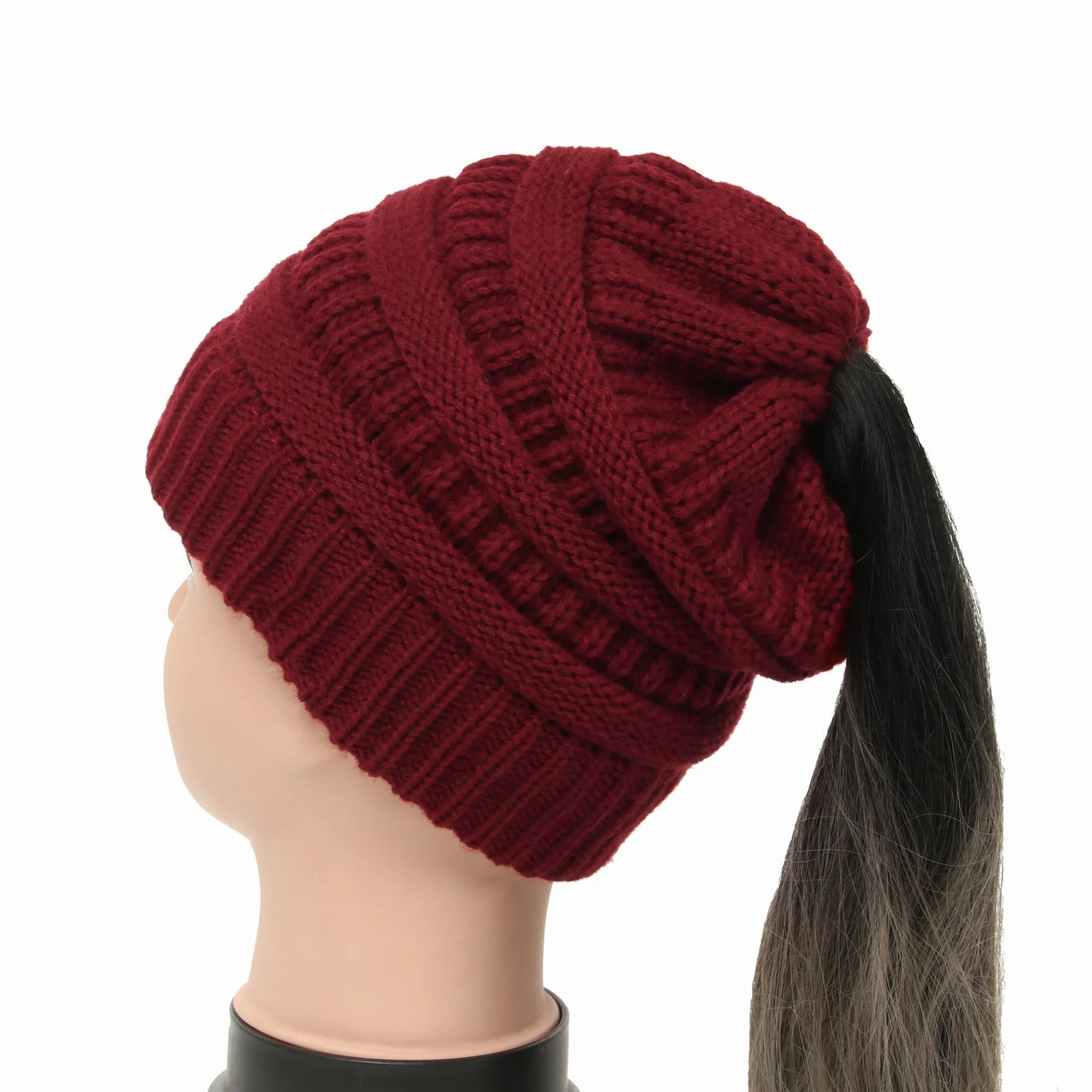 New Women Autumn Winter Ponytail Beanie Hat Solid Color Lady Stretch Knitted Crochet Beanies Hat Cap for Women