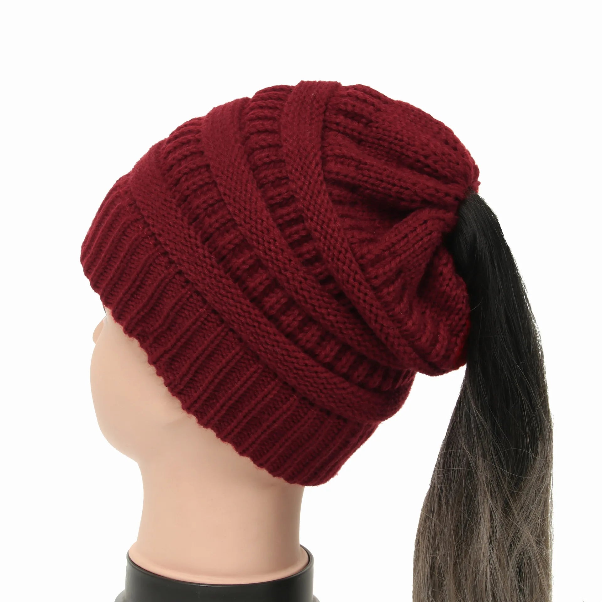 New Women Autumn Winter Ponytail Beanie Hat Solid Color Lady Stretch Knitted Crochet Beanies Hat Cap for Women