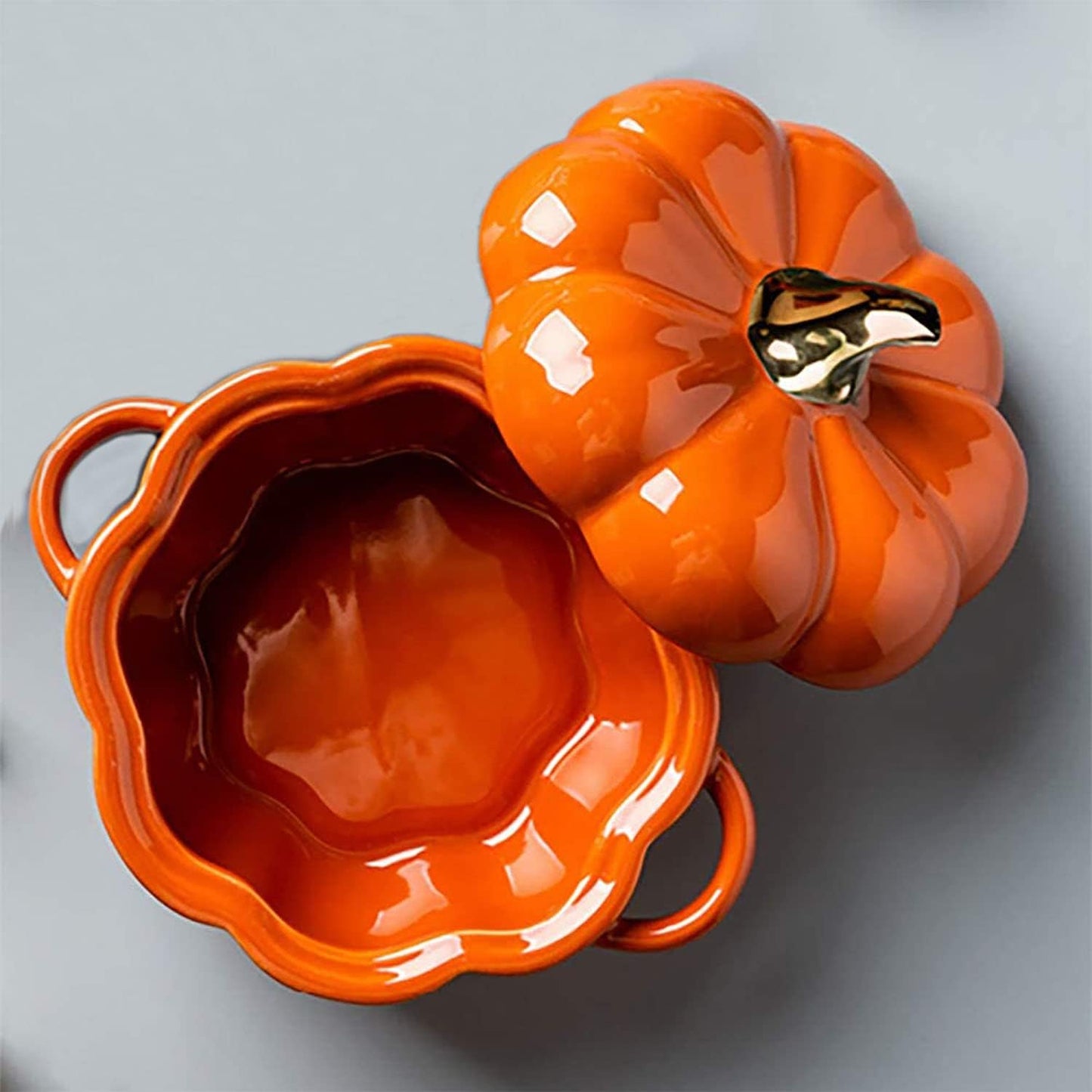 Pumpkin Bowl Set with Lid and Handle, Set of 2 Ceramic Ramekins for Baking, Casserole Dish Individual Severing Pot, Stoneware, Oven Safe, 14 Oz (Orange)