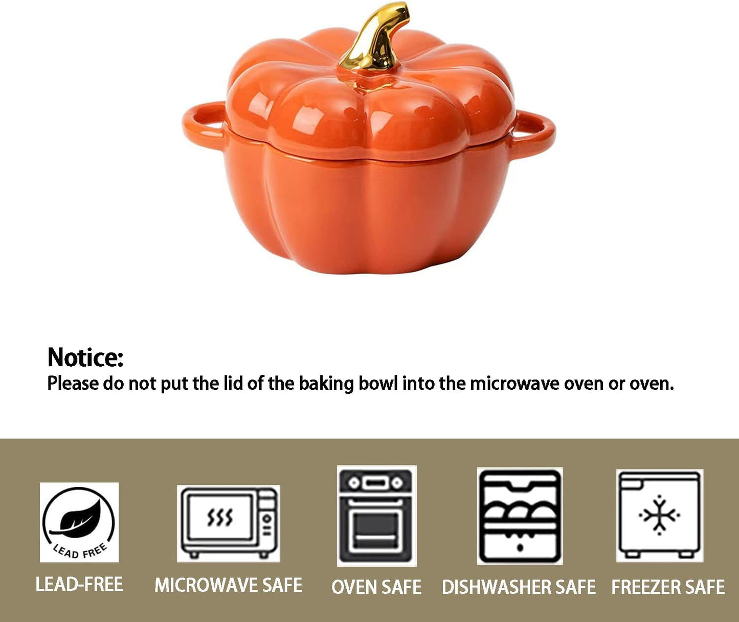 Pumpkin Bowl Set with Lid and Handle, Set of 2 Ceramic Ramekins for Baking, Casserole Dish Individual Severing Pot, Stoneware, Oven Safe, 14 Oz (Orange)