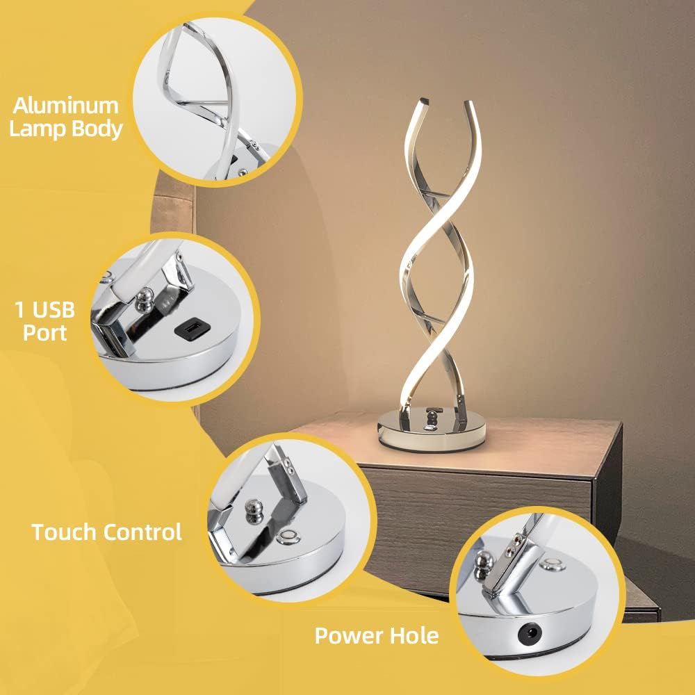 ✨ LED Modern Spiral Table Lamp – Stepless Dimmable Touch Control with 3 Color Modes & USB Charging Port 