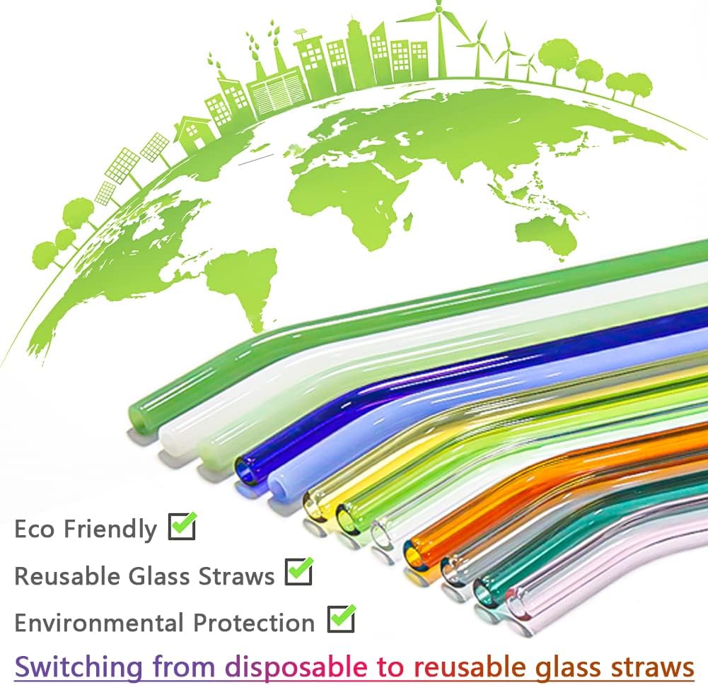 “Reusable Glass Straws – 12-Pack (6 Bent + 6 Straight), 8″ x 8 mm | BPA-Free, Eco-Friendly Wide Straws for Smoothies, Shakes & Bubble Tea”