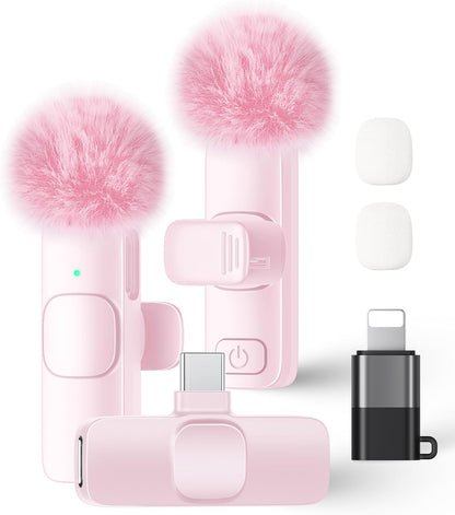 Wireless Lavalier Microphone for iPhone, iPad & Android | 2-Pack Plug & Play Lapel Mics with Noise Reduction for Video Recording, Interviews, Podcasts, Vlogs, YouTube & TikTok (Pink)