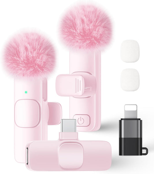 Wireless Lavalier Microphone for iPhone, iPad & Android | 2-Pack Plug & Play Lapel Mics with Noise Reduction for Video Recording, Interviews, Podcasts, Vlogs, YouTube & TikTok (Pink)