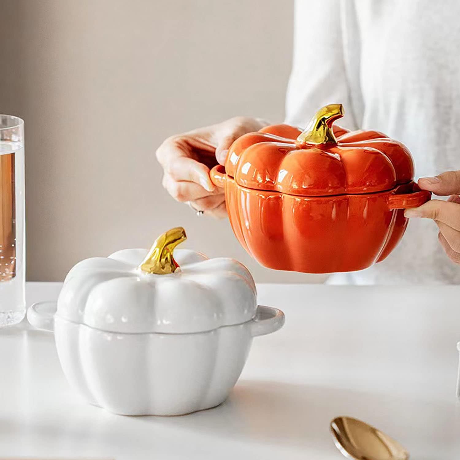 Pumpkin Bowl Set with Lid and Handle, Set of 2 Ceramic Ramekins for Baking, Casserole Dish Individual Severing Pot, Stoneware, Oven Safe, 14 Oz (Orange)