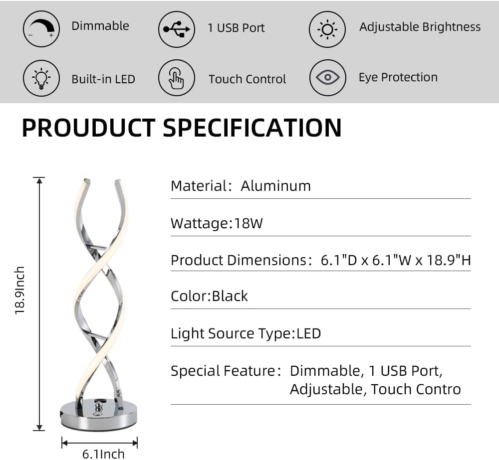 ✨ LED Modern Spiral Table Lamp – Stepless Dimmable Touch Control with 3 Color Modes & USB Charging Port 