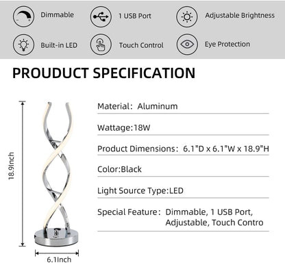 ✨ LED Modern Spiral Table Lamp – Stepless Dimmable Touch Control with 3 Color Modes & USB Charging Port 