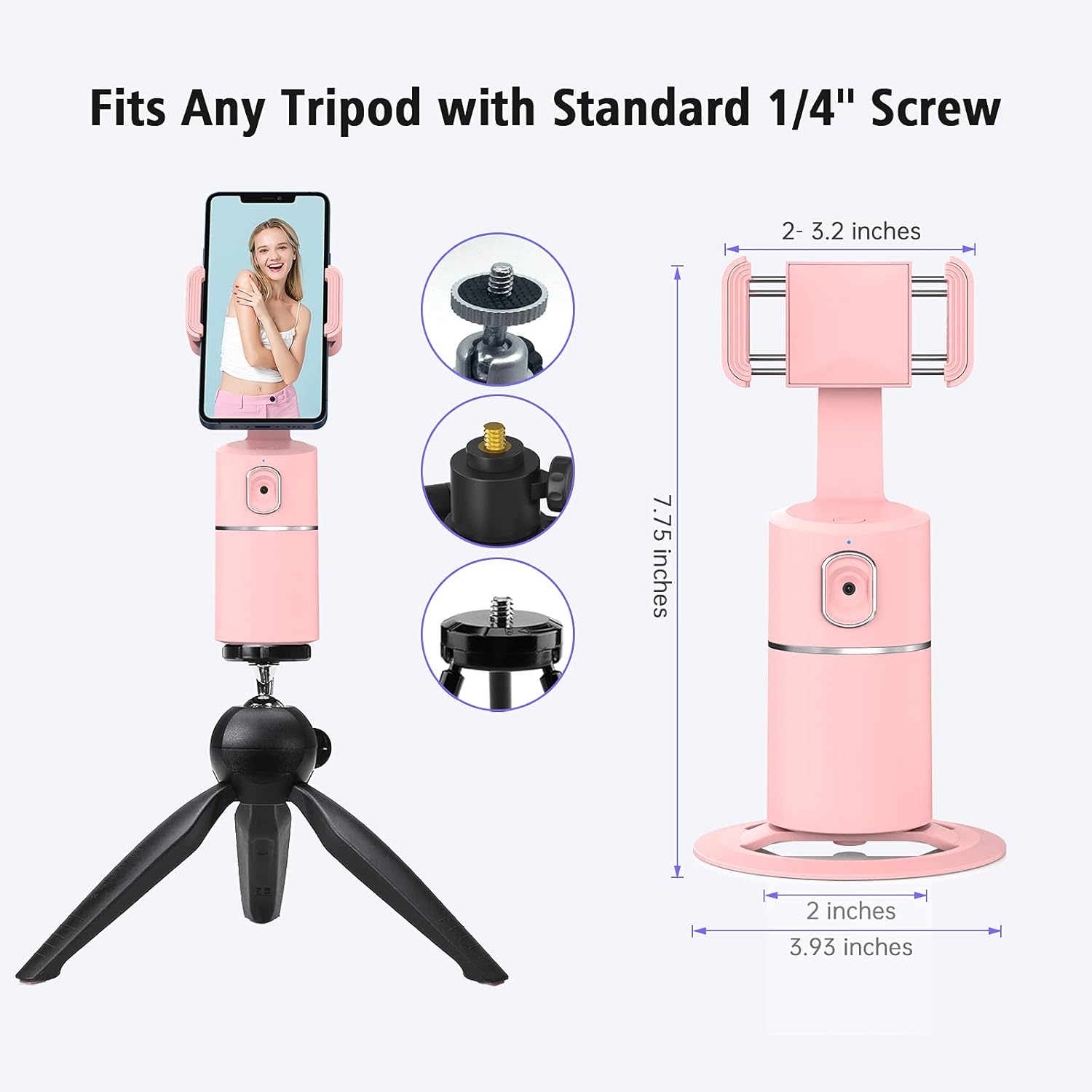 Auto Face Tracking Phone Holder | 360° Rotation Smart Shooting Tripod with Rechargeable Battery | No App Required | Live Streaming, Vlogging & Video Recording Mount (Pink)