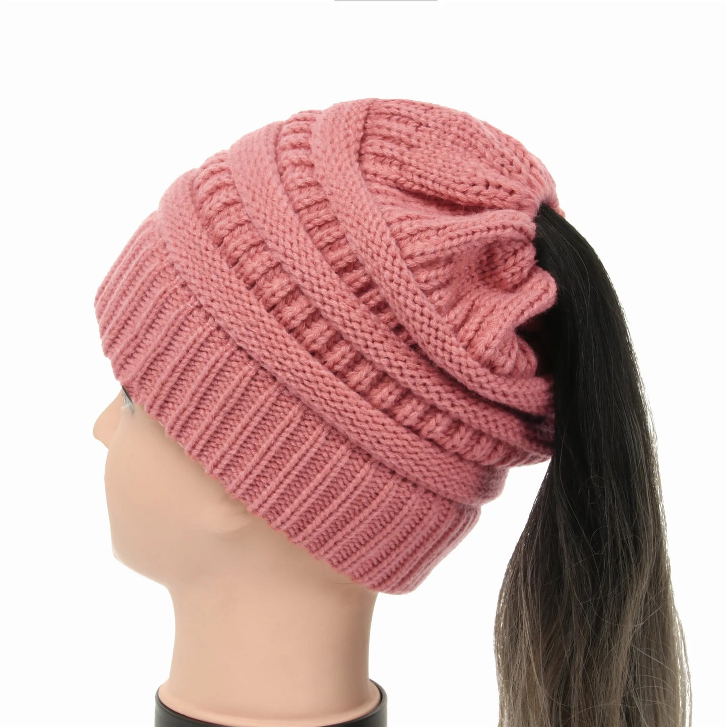 New Women Autumn Winter Ponytail Beanie Hat Solid Color Lady Stretch Knitted Crochet Beanies Hat Cap for Women