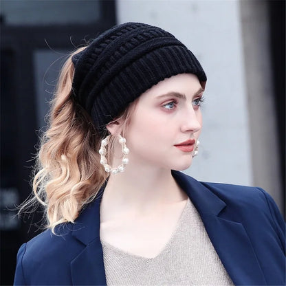 New Women Autumn Winter Ponytail Beanie Hat Solid Color Lady Stretch Knitted Crochet Beanies Hat Cap for Women