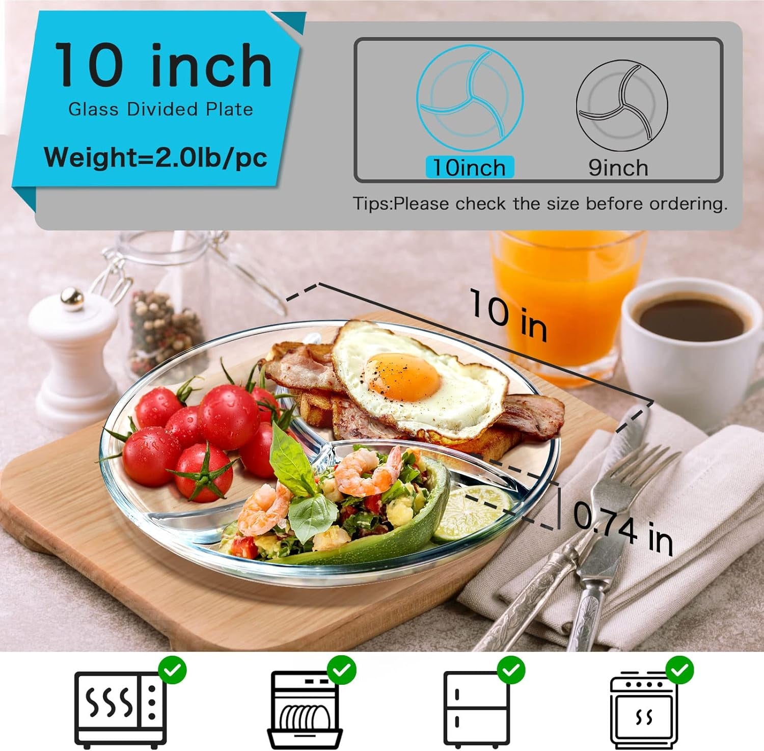 Healthy Eating Portion Plate – 10” Glass Round Dish with 3 Compartments
