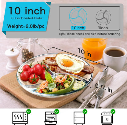 Healthy Eating Portion Plate – 10” Glass Round Dish with 3 Compartments