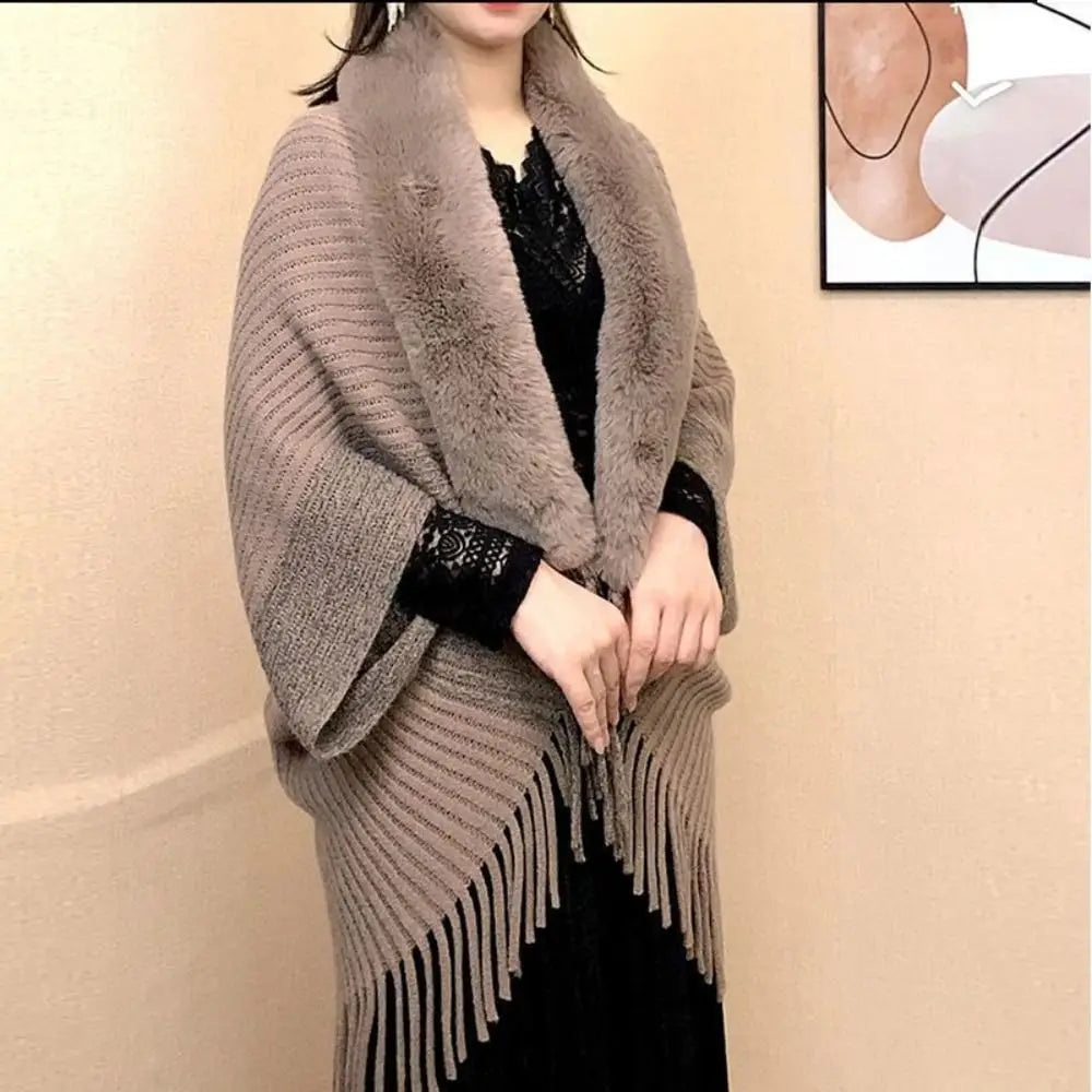 Winter Cape Cardigan 🧣 Faux Fur Collar Warm Knit Shawl Wrap for Women