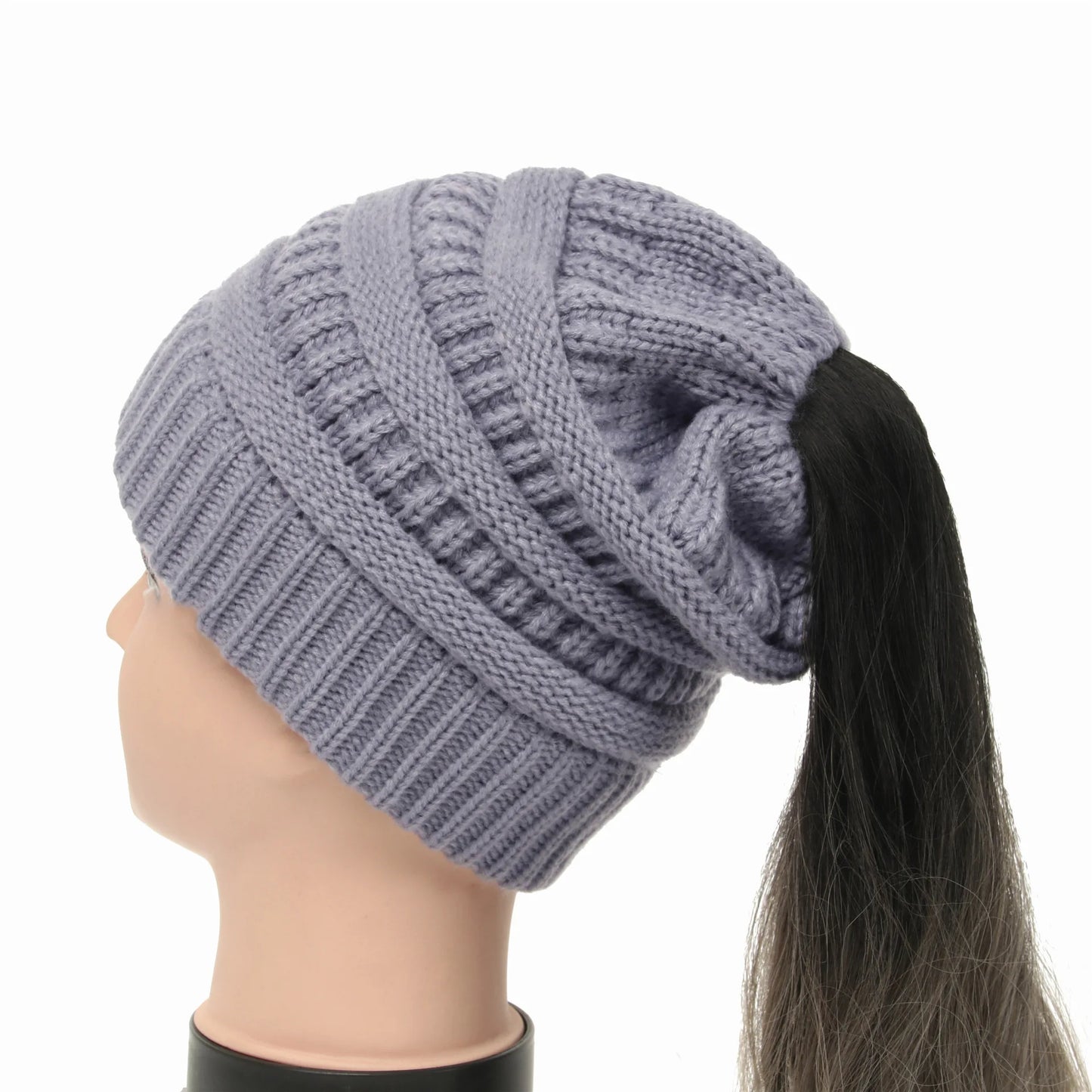 New Women Autumn Winter Ponytail Beanie Hat Solid Color Lady Stretch Knitted Crochet Beanies Hat Cap for Women