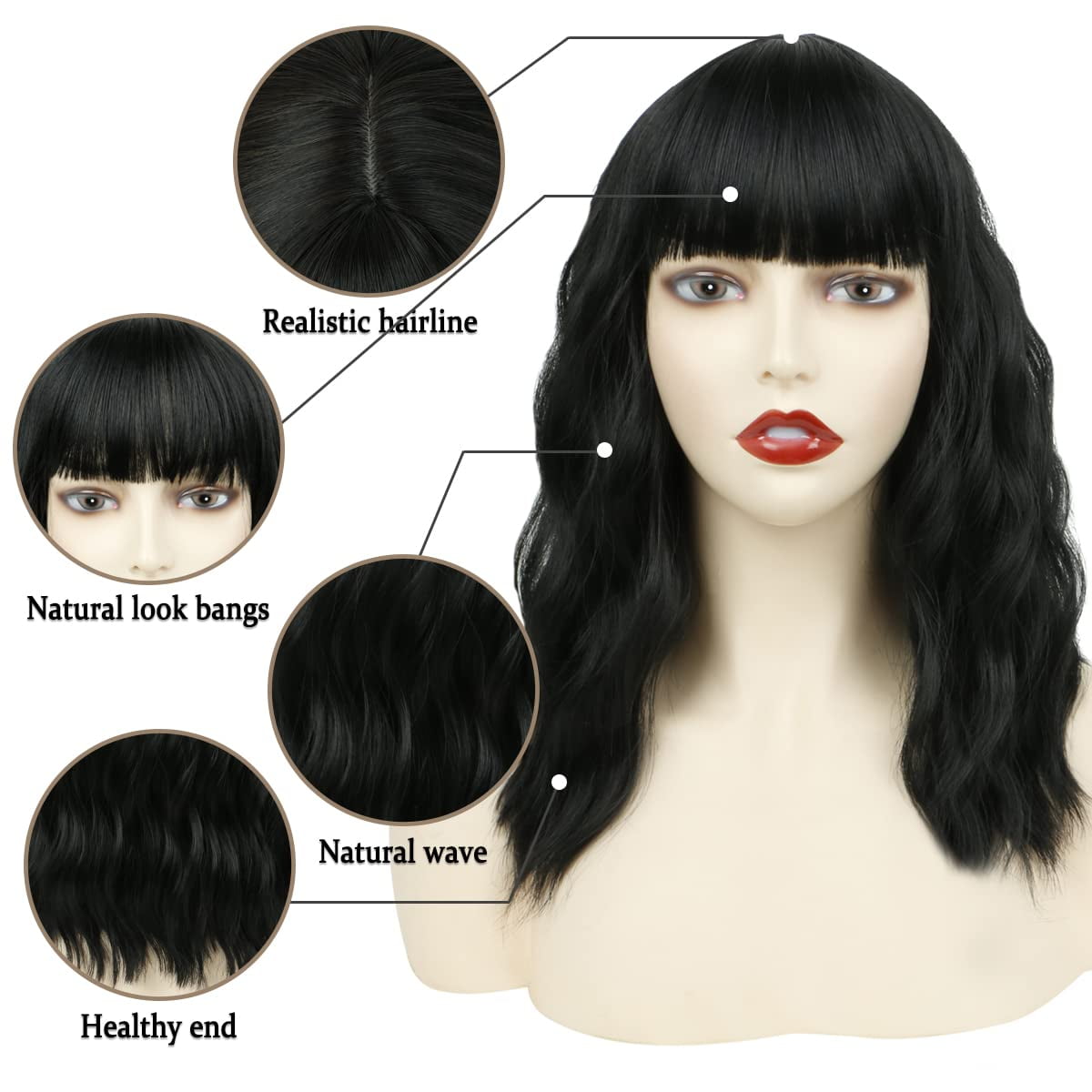 Short Bob Wig with Bangs – 12'' Water Wave Synthetic Black Wig for Women