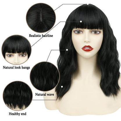 Short Bob Wig with Bangs – 12'' Water Wave Synthetic Black Wig for Women