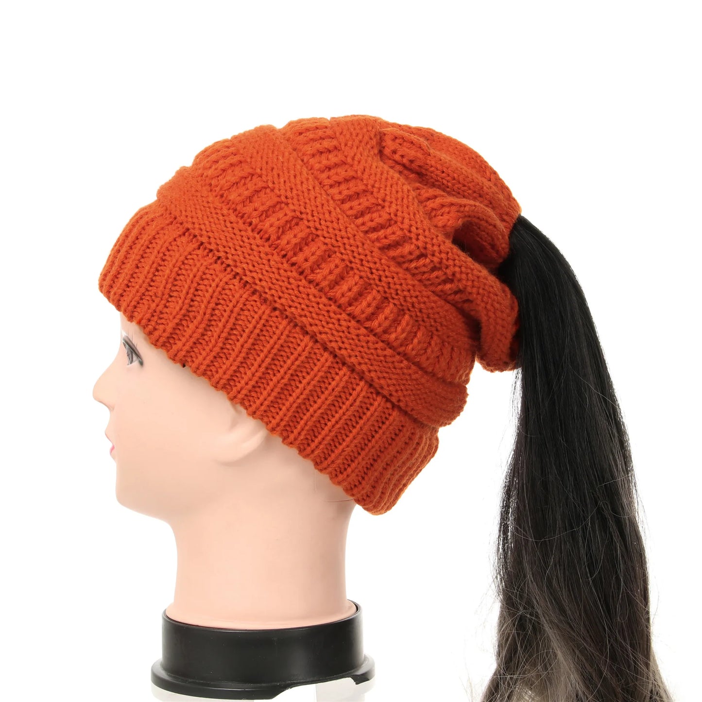 New Women Autumn Winter Ponytail Beanie Hat Solid Color Lady Stretch Knitted Crochet Beanies Hat Cap for Women