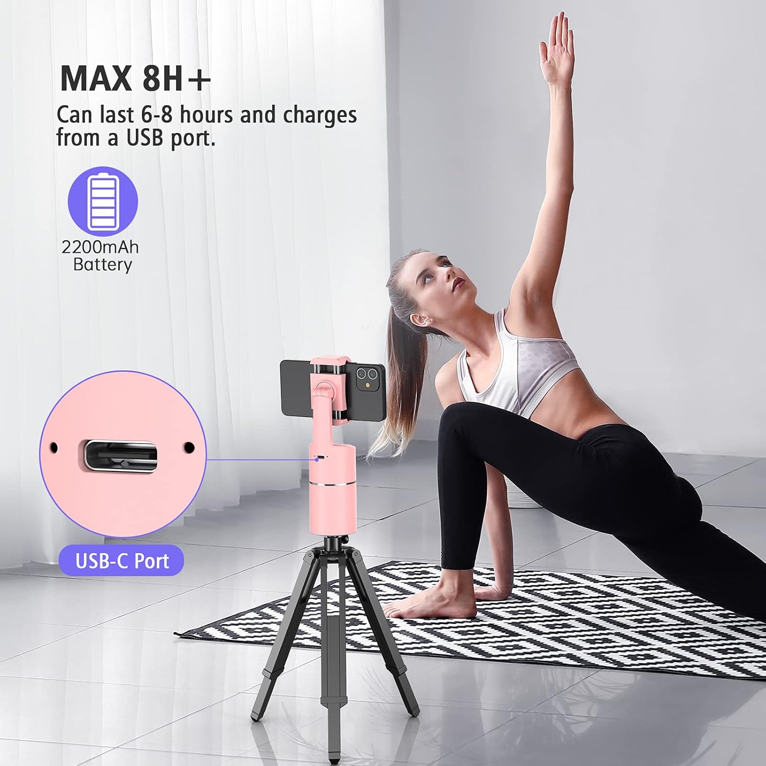 Auto Face Tracking Phone Holder | 360° Rotation Smart Shooting Tripod with Rechargeable Battery | No App Required | Live Streaming, Vlogging & Video Recording Mount (Pink)