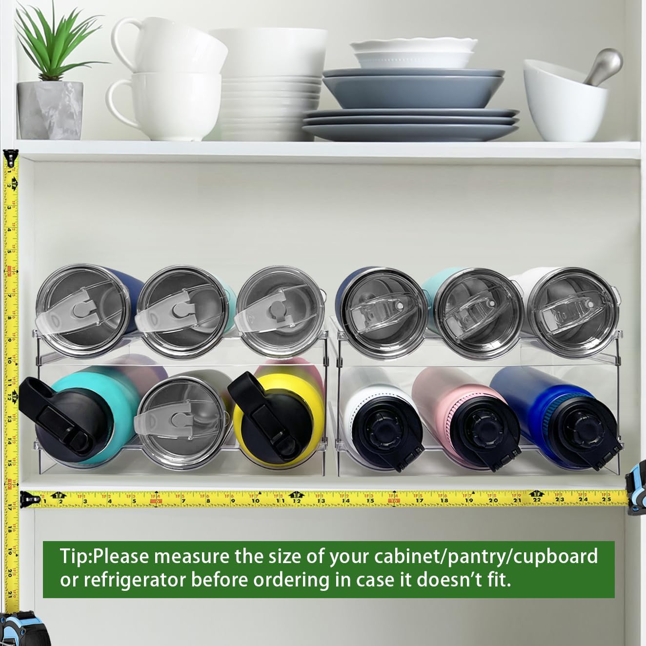 "Stackable Water Bottle Organizer Rack – 2 Pack Clear Plastic Storage for Kitchen, Pantry, or Fridge – Fits Sports Bottles, Tumblers & Wine"
